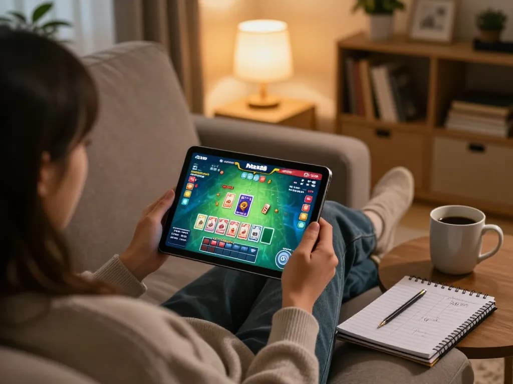 Engaging in online gaming at Max88 on a tablet in a cozy home setting