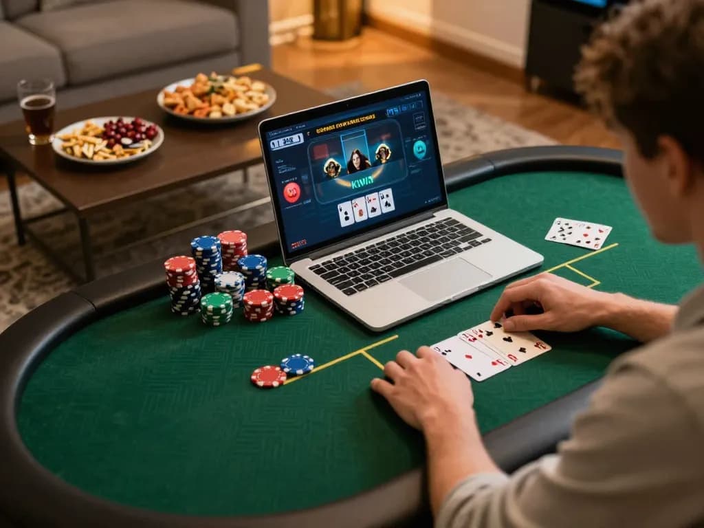 Engaging player strategizing during a KKWIN online poker game at home.