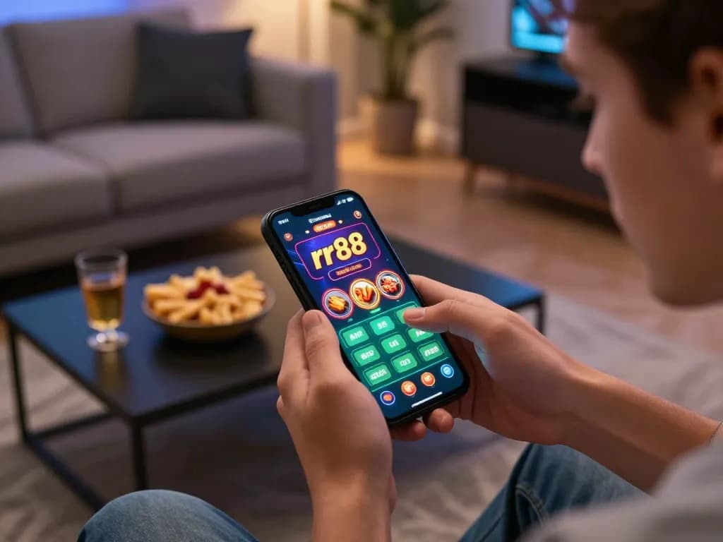 Engaging user placing bets on the rr88 casino app in a stylish home setup.