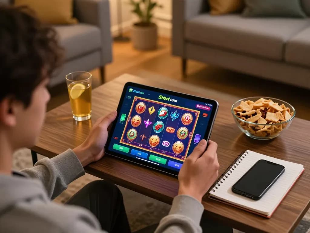 Engaging player enjoys the shbet com app for online gaming in a cozy living room setting, highlighting betting strategies.