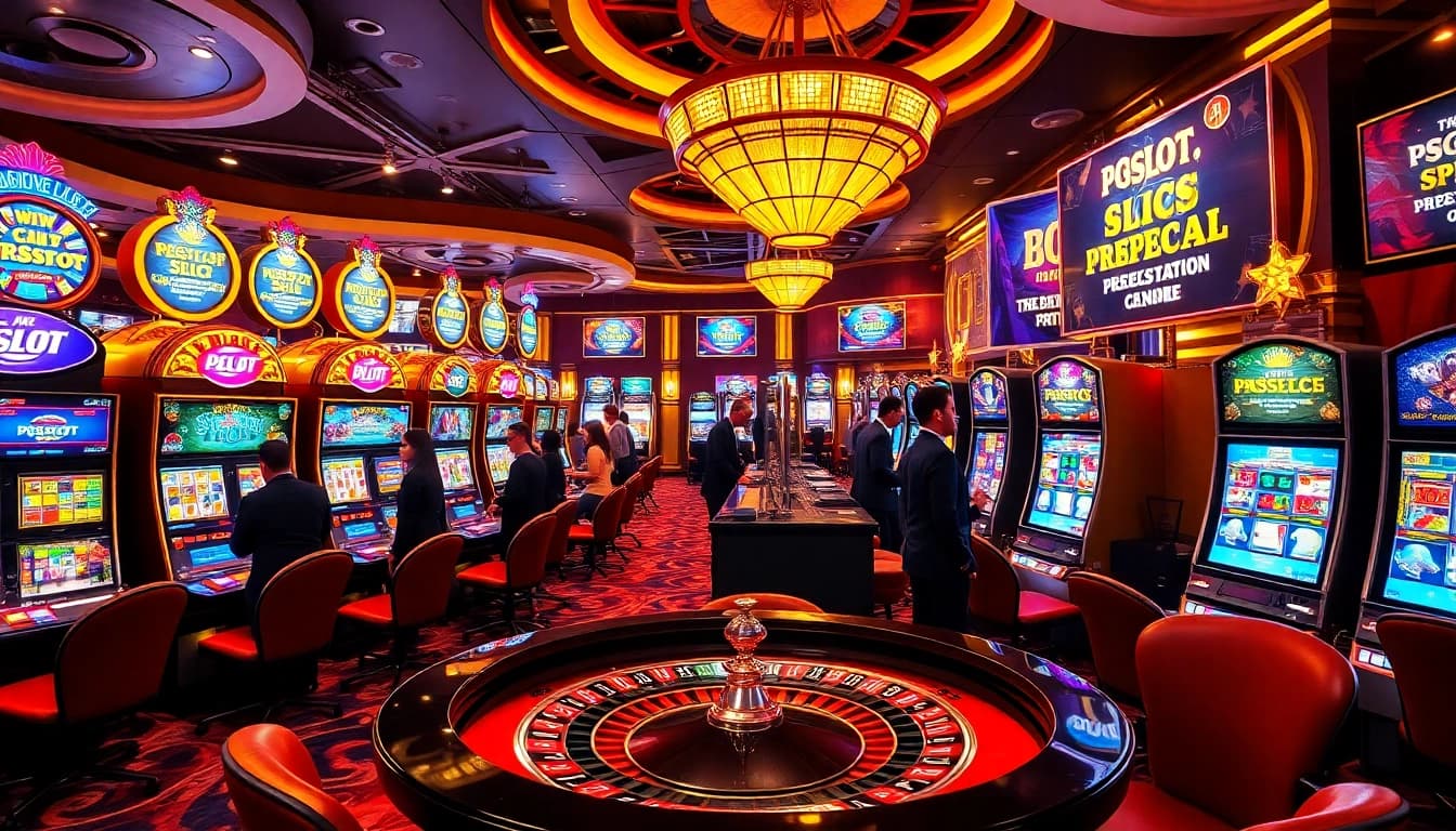 PGSLOT vibrant casino scene filled with colorful slot machines and excited players enjoying the thrill of gambling.