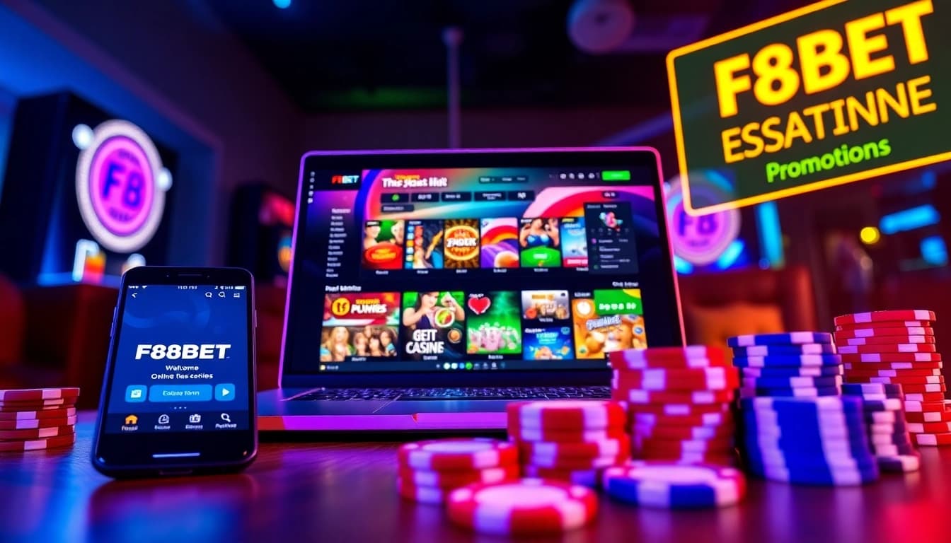 Dynamic online betting scene showcasing F8BET platform with engaging casino games, vibrant colors, and modern devices.