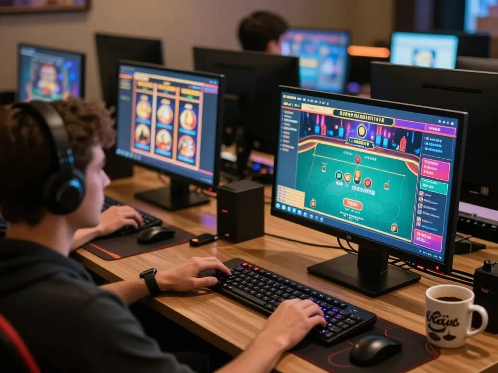 Engage with 98win through dynamic online gaming sessions on a multi-screen setup showcasing immersive casino games