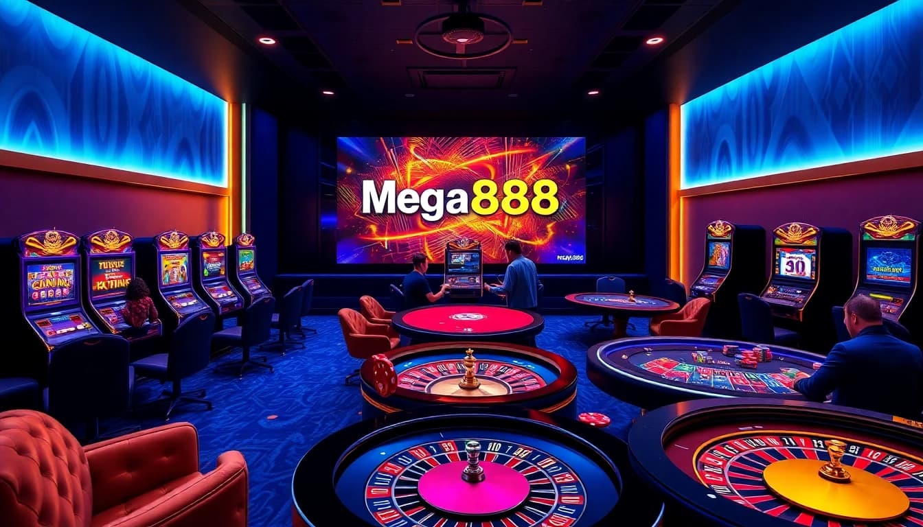 Experience the excitement of Mega888 with an engaging casino gaming scene featuring vibrant slots and tables.