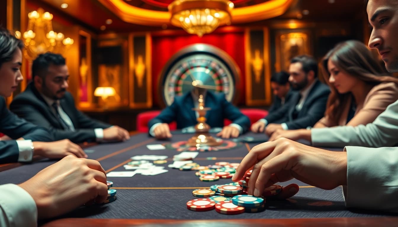 Excited gamers engaged at a poker table, showcasing https://xin88hv.site/ casino experience.