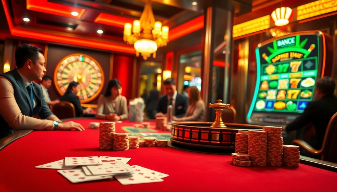 Experience thrilling gameplay at 68 game bài with an elegant casino atmosphere featuring poker tables and roulette wheels.