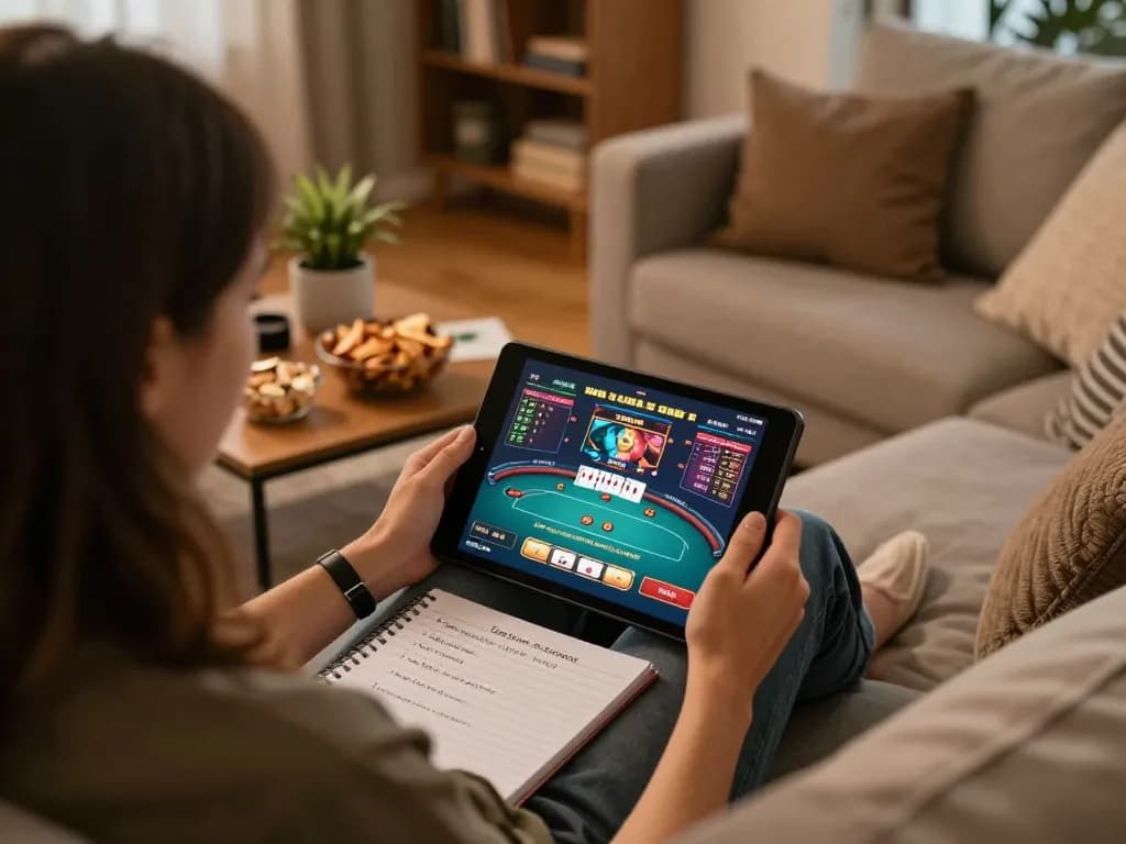 Pemain berinteraksi dengan antarmuka kasino online SN2121 di sofa yang nyaman, menangkap semangat perjudian yang dinamis