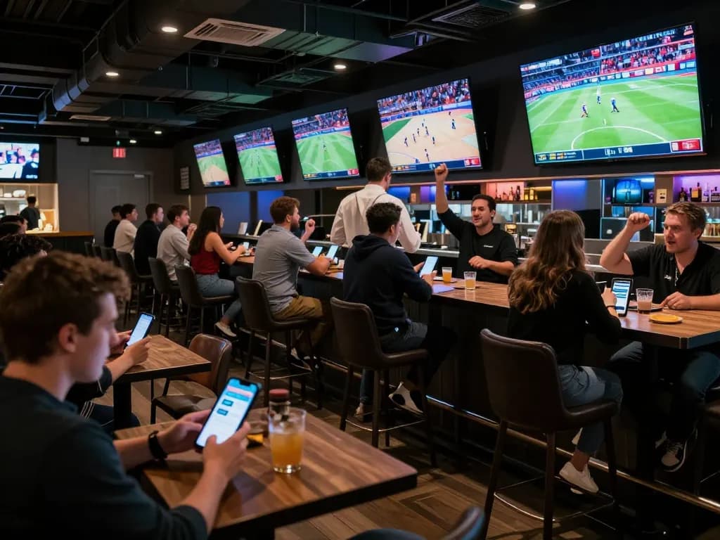 Exciting scene of patrons using the TOPBET app for live betting during sports events at a vibrant sports bar