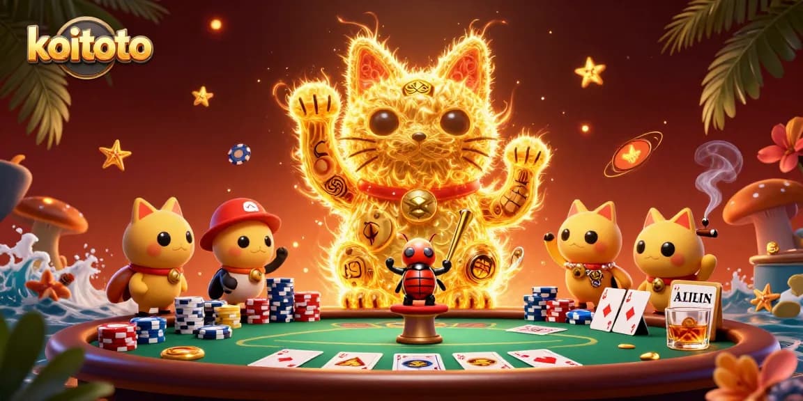 Koitoto offers a unique gambling experience with a golden lucky cat surrounded by poker elements.