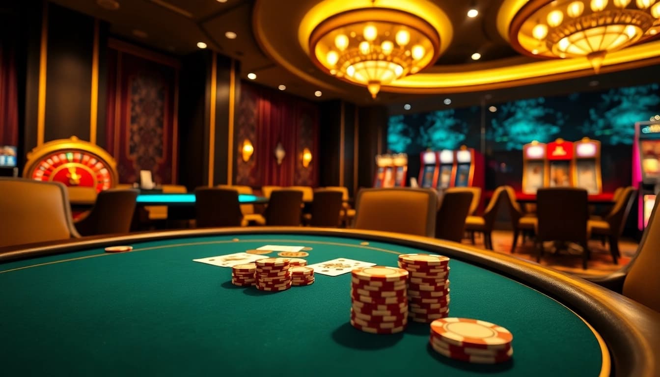 Engage in thrilling poker at TK88's luxurious casino, featuring elegant tables and vibrant gaming atmosphere.