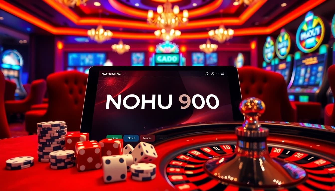 Engage in thrilling gameplay at NOHU90, featuring vibrant casino elements like roulette, poker chips, and exciting online interfaces.