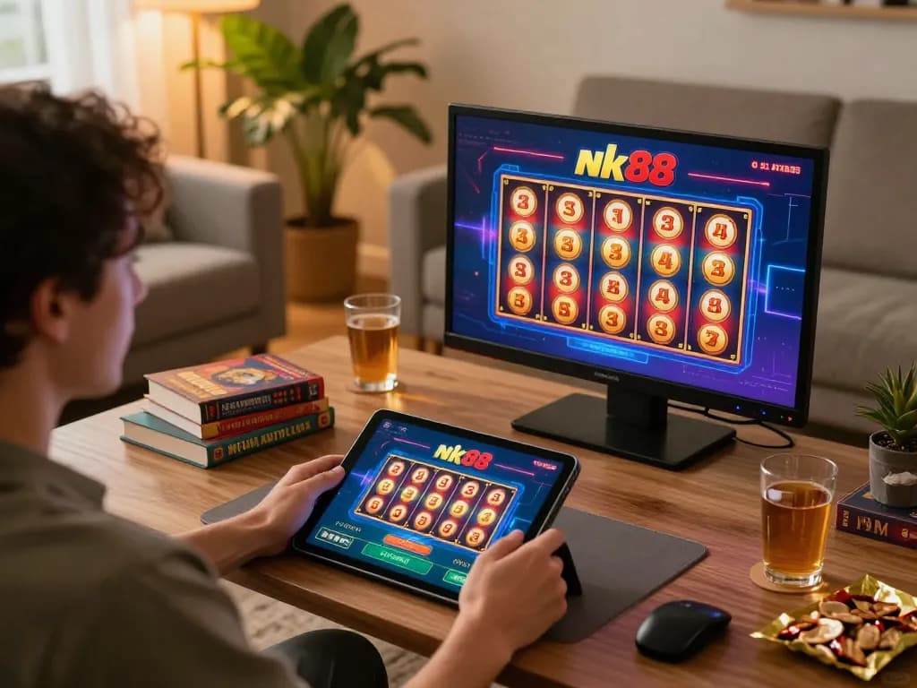 Nk88 win online gaming session with a player engaged in an exciting casino experience at home.