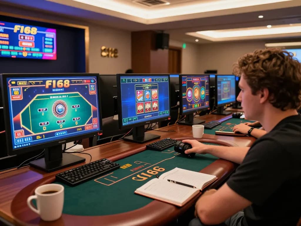 Person playing F168 online poker on multiple screens while reviewing strategy notes in a cozy gaming setup