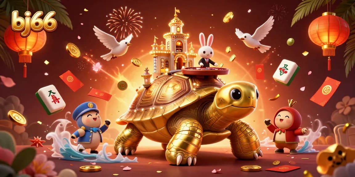 Bj66 showcases a vibrant 3D scene of a golden tortoise casino with dynamic game elements, attracting engaging gamblers.
