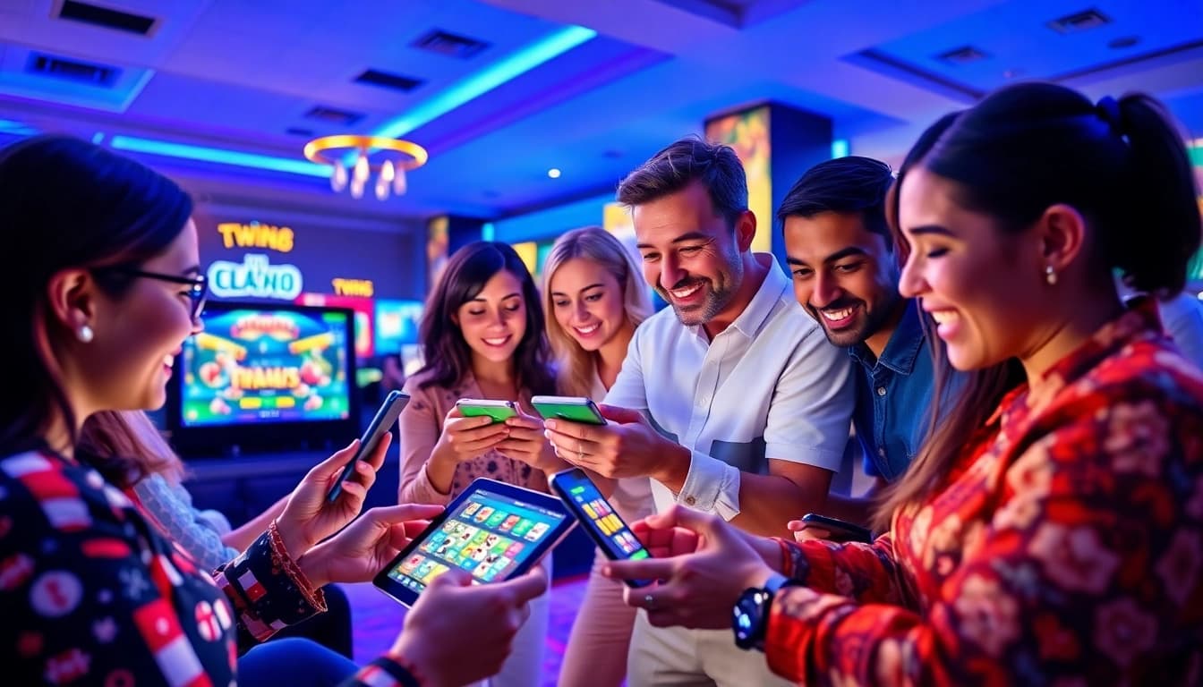 Twin68 online gaming platform scene featuring enthusiastic players on various devices.