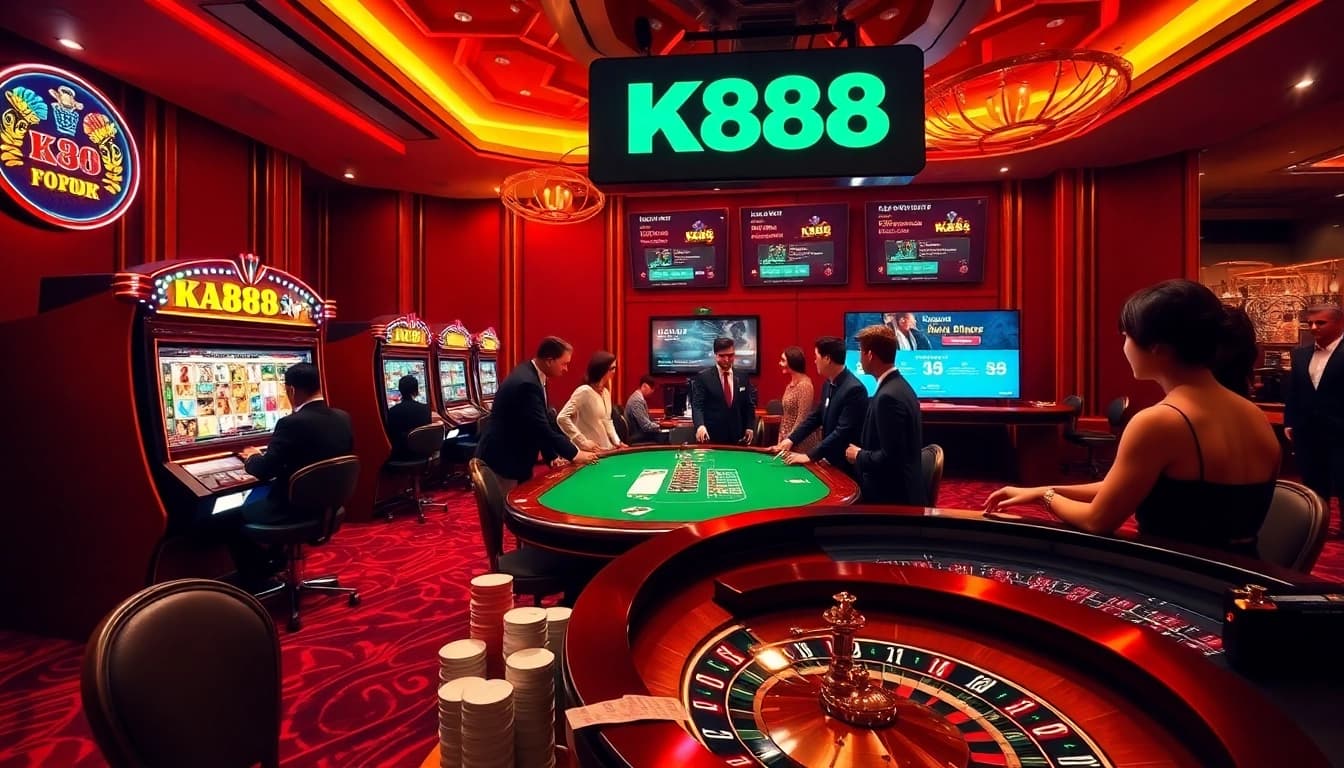 K88 online casino showcasing lively players engaging at poker tables and a roulette wheel.