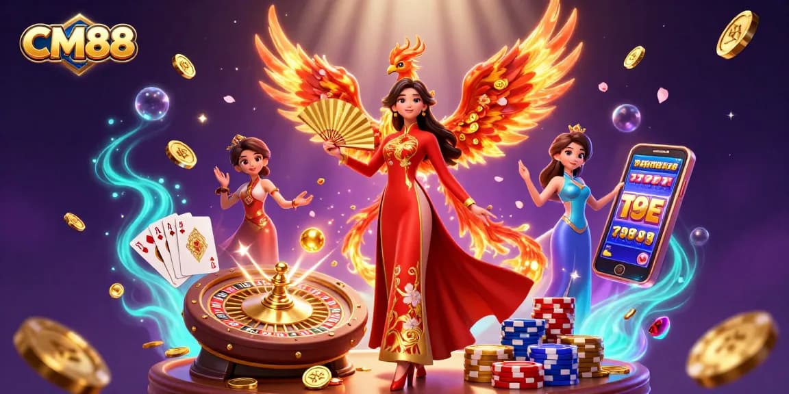 Engage with CM88's thrilling gaming experience featuring a 3D woman and phoenix in an energetic casino scene.