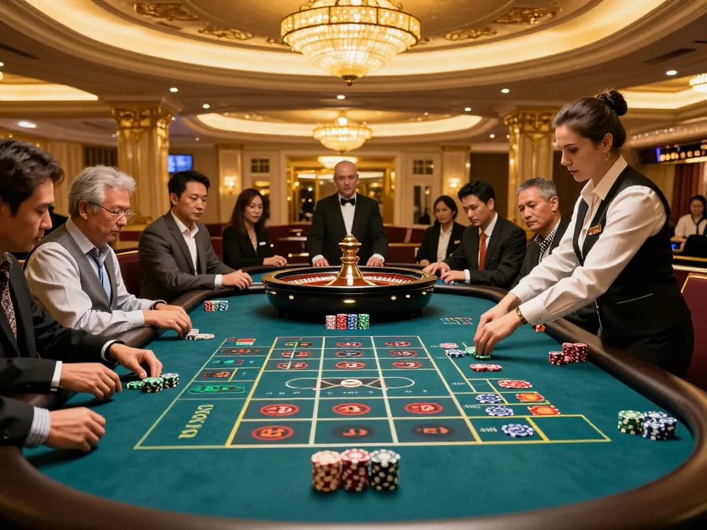 rr88 players engaging in strategic betting at a glamorous roulette table in a vibrant casino setting