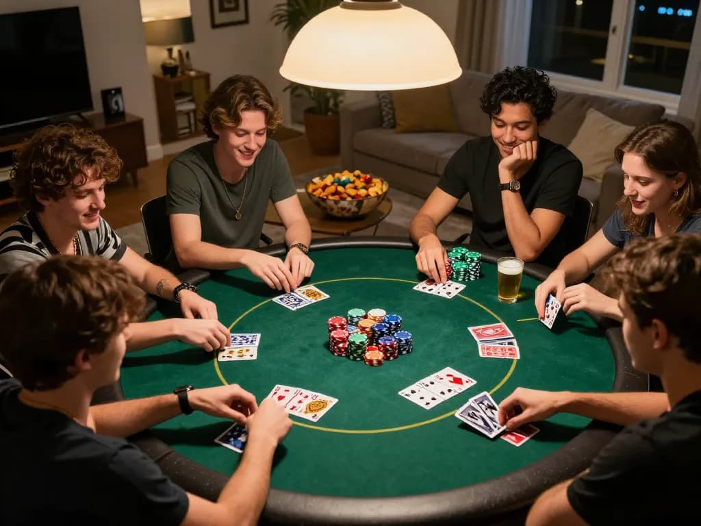Friends engaged in a poker game, showcasing ty le keo nha cai strategies with vibrant chips and casual atmosphere.