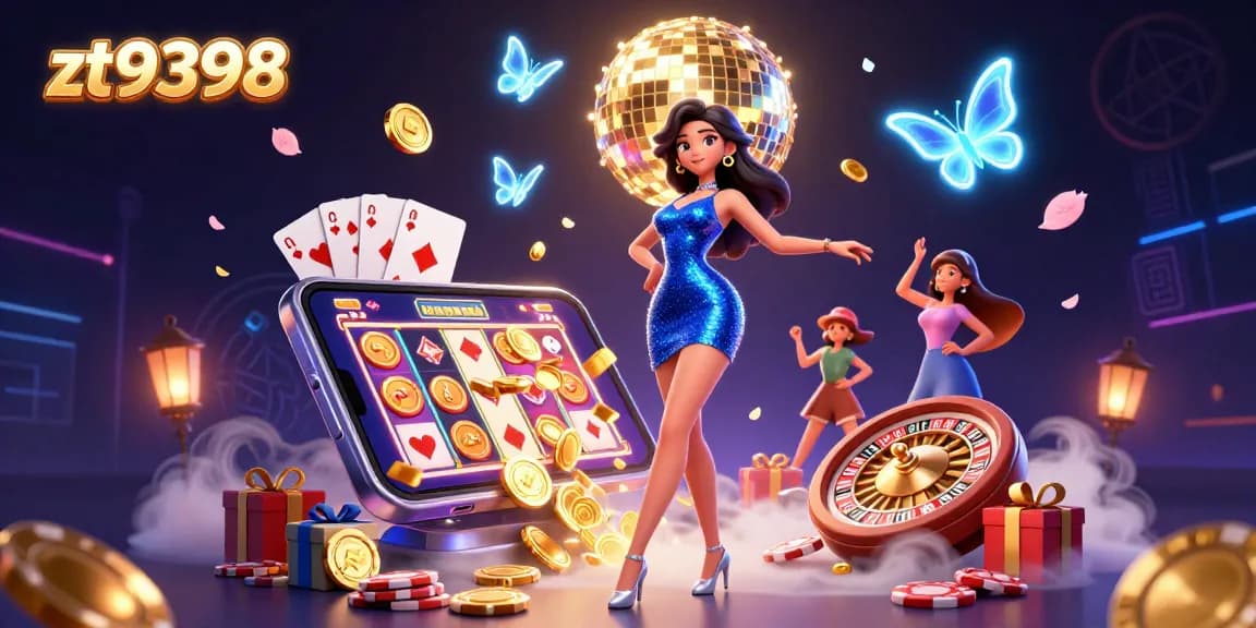 Engage with zt9398 through a vibrant 3D casino scene featuring dynamic gaming elements and characters.