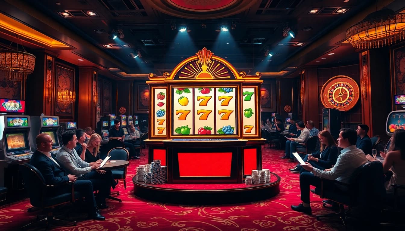 Players enjoying high-stakes action at a luxury slot machine in a vibrant casino.