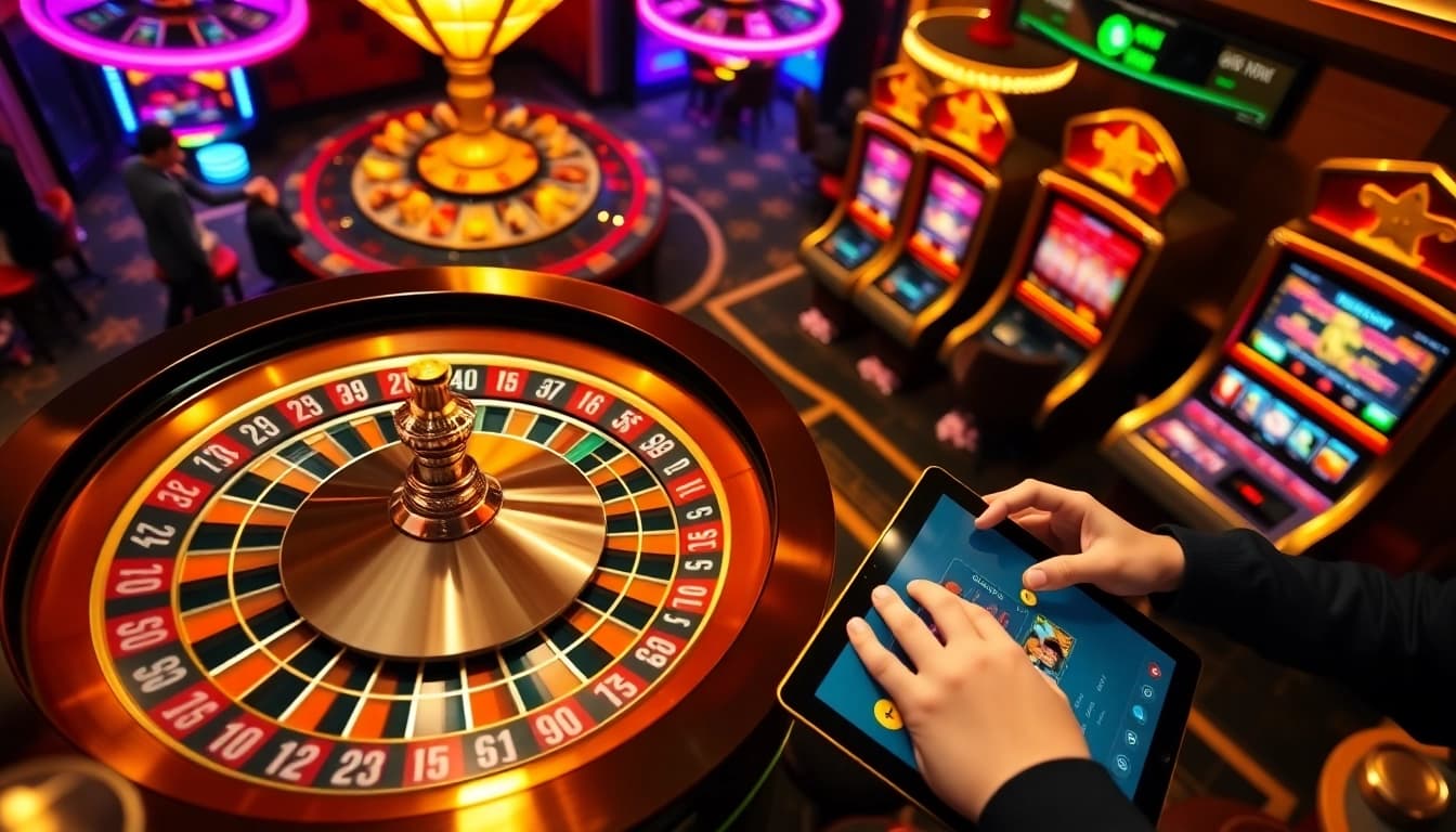 Experience thrilling gambling with LEGO138 in a vibrant casino scene featuring roulette wheels and slot machines.