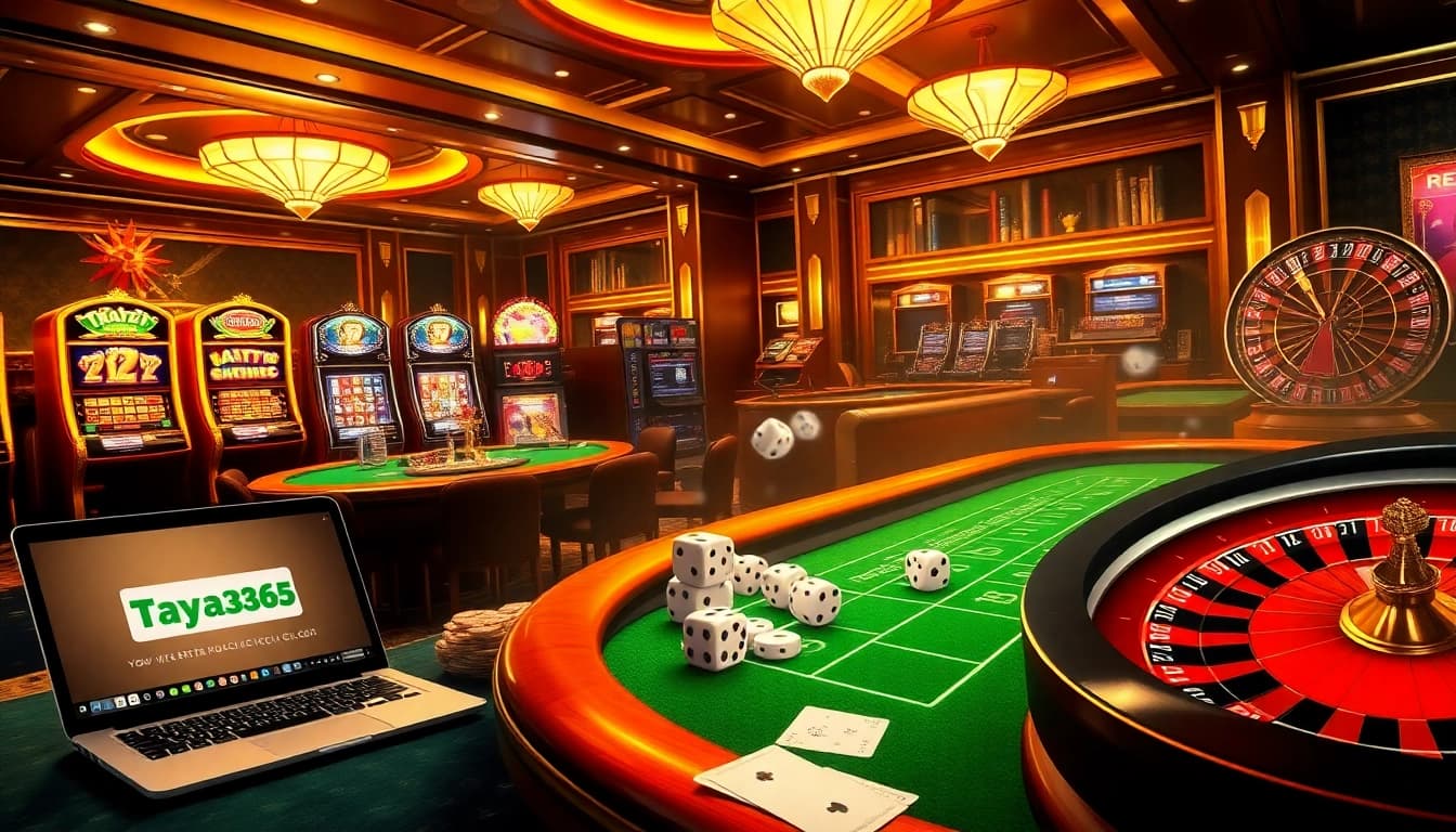 Taya365 Official showcases an exciting casino experience with vibrant tables, slot machines, and online betting.