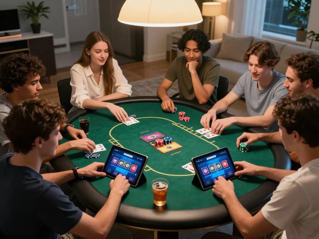 IWIN68 online gaming session with friends playing poker, dynamic atmosphere, tablet showing poker interface.