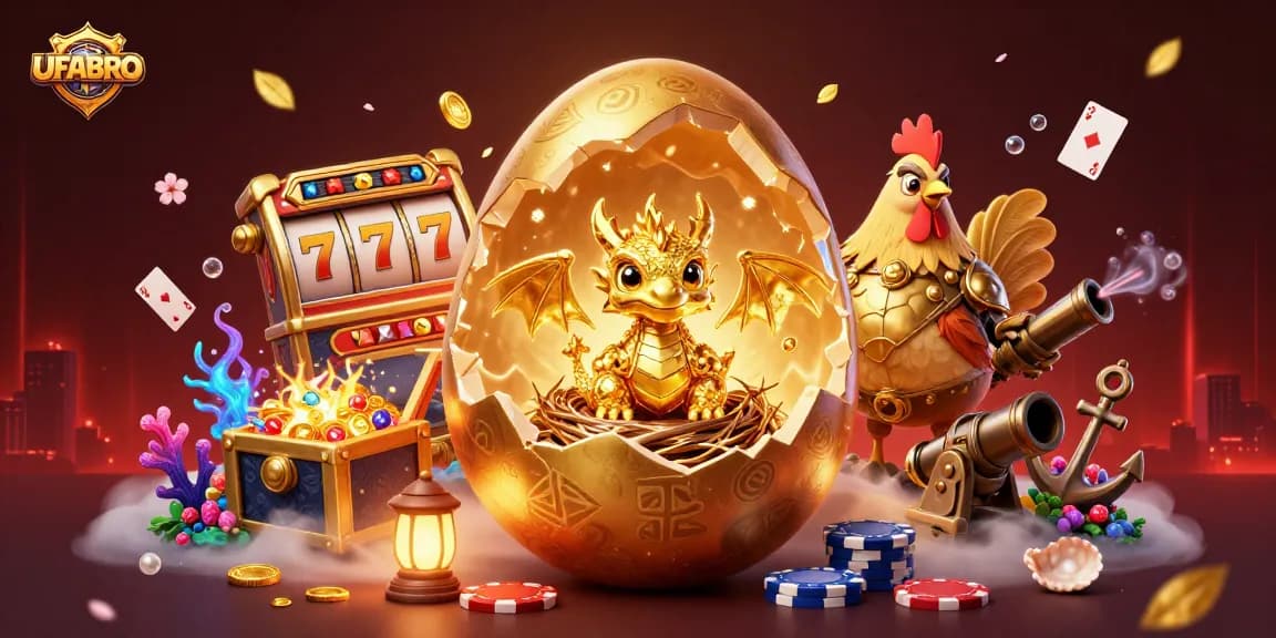 UFABRO features a golden dragon and poker chips in a vibrant casino scene.