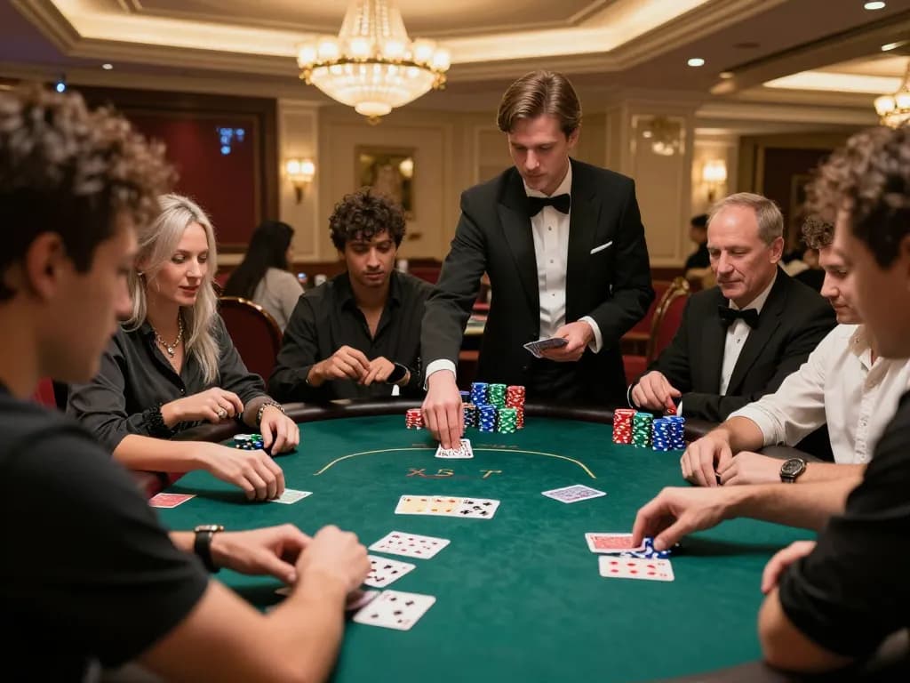 hi88 players engaged in intense poker gameplay at a luxurious casino table with dynamic betting action