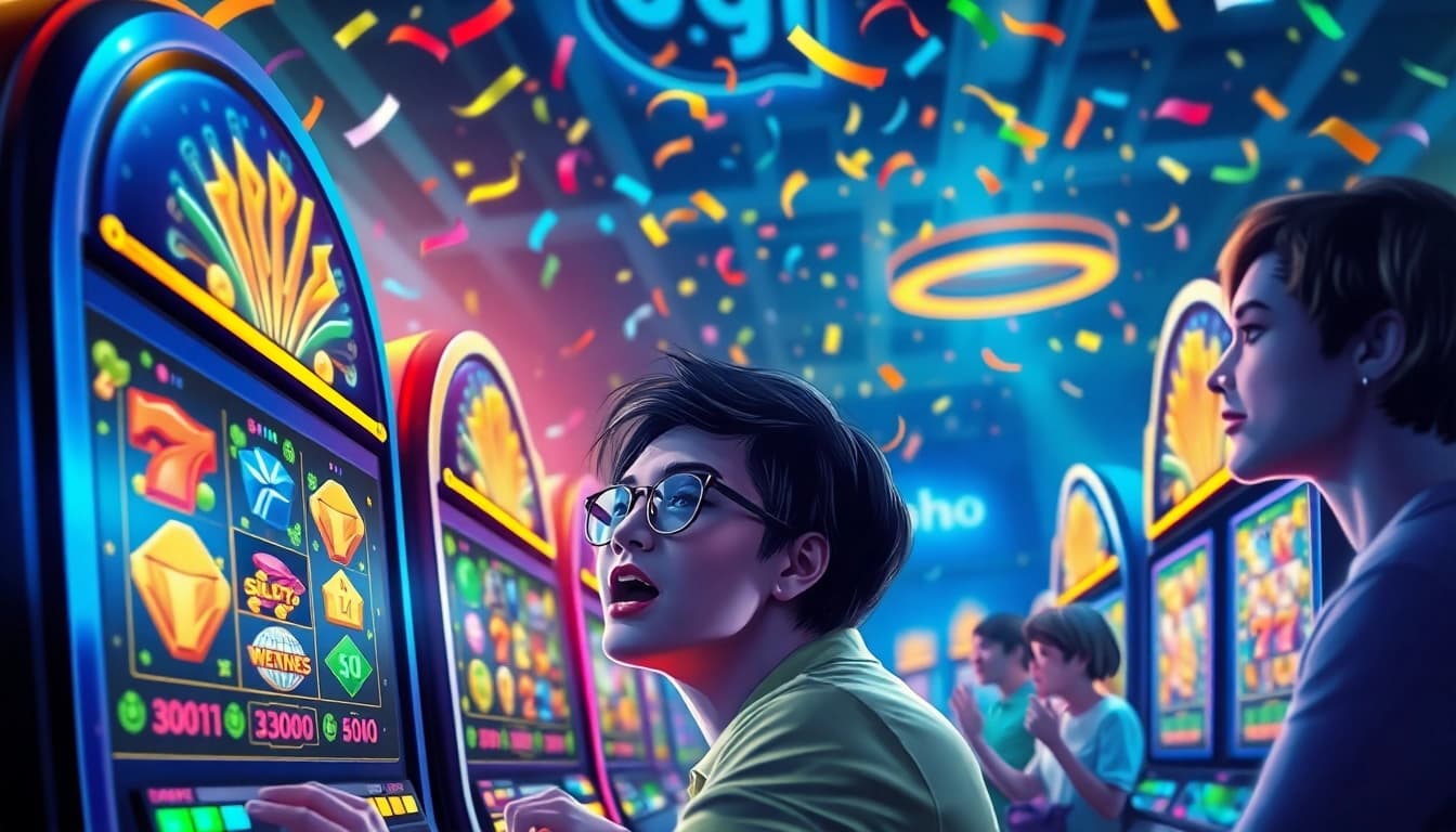Exciting representation of nohu90's vibrant slot games with celebratory players and dynamic visuals.