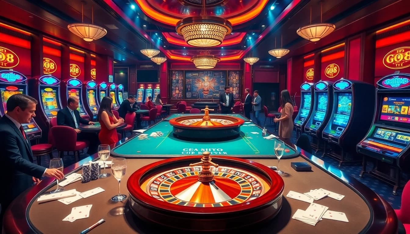 Gamblers engaging in high-stakes gameplay at a luxurious casino featuring GO8 elements like roulette and poker.