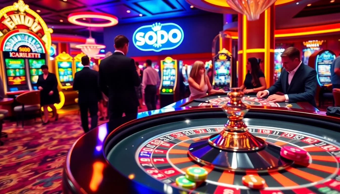 SODO Casino players excitement at a roulette table and slot machines vibrant gaming environment