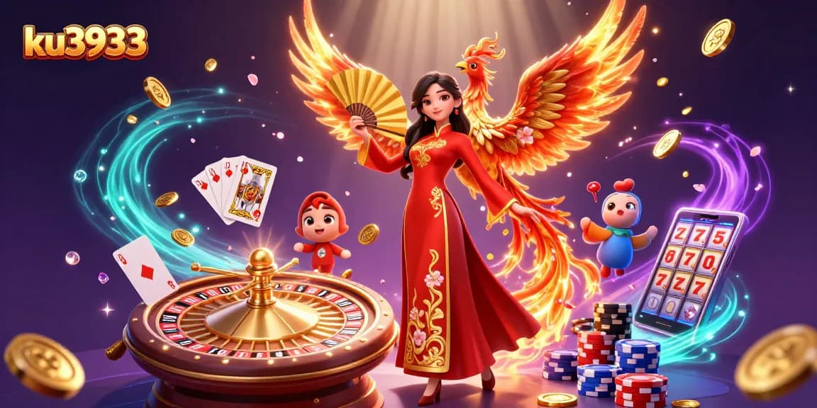 Experience the thrilling excitement of ku3933 casino with a vibrant, dynamic scene featuring glamorous characters and rich gaming elements.