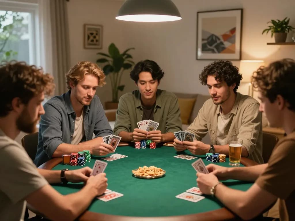 Enjoying online pokies Australia with friends during a lively poker night at home.