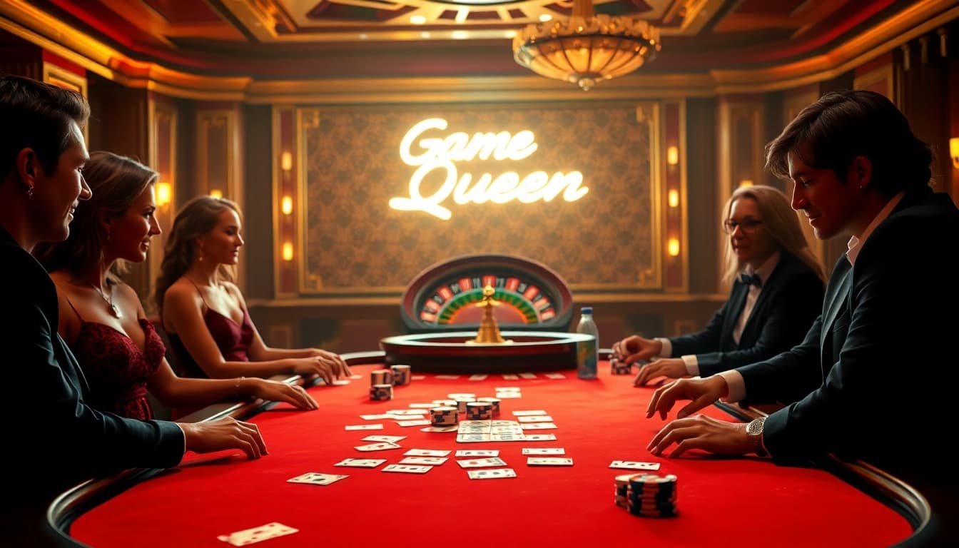 Engaging players at the Game Queen poker table with vibrant chips and cards.