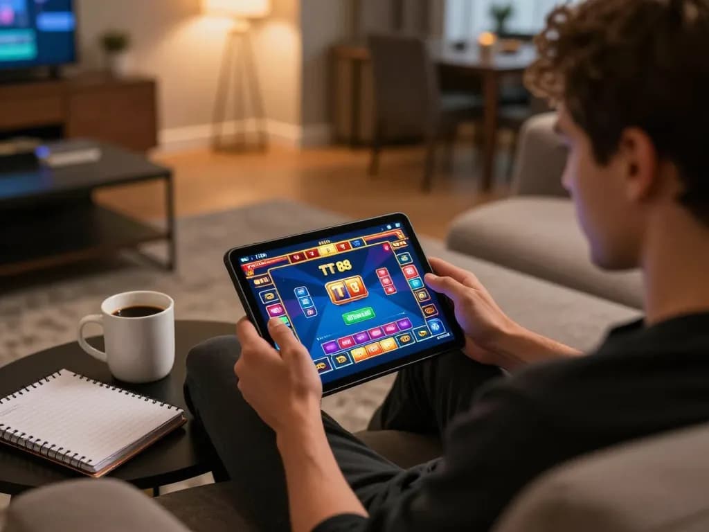 Player enjoying TT 88 online casino game on tablet, showcasing an intense gaming moment at home.