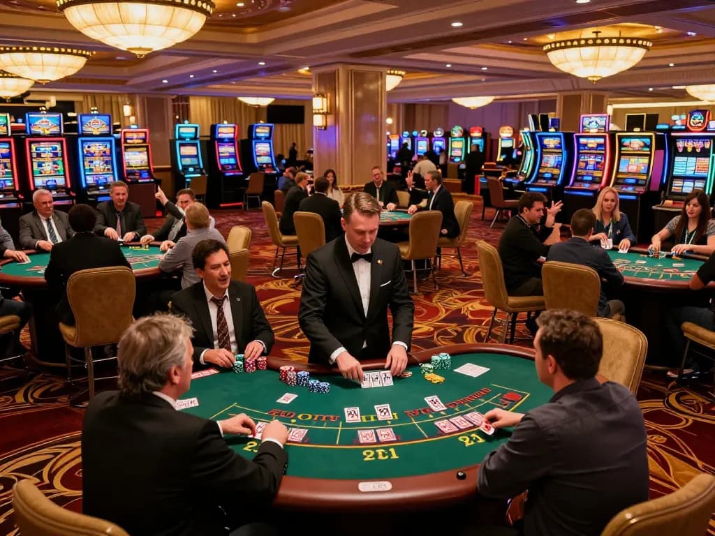 Players enjoying a thrilling blackjack game at a casino, showcasing HM88's vibrant gambling atmosphere.