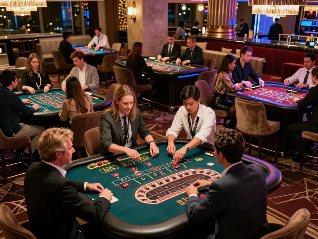 Players enjoying a thrilling evening at 123bmvp casino, engaging at blackjack and roulette tables while maintaining a glamorous atmosphere.