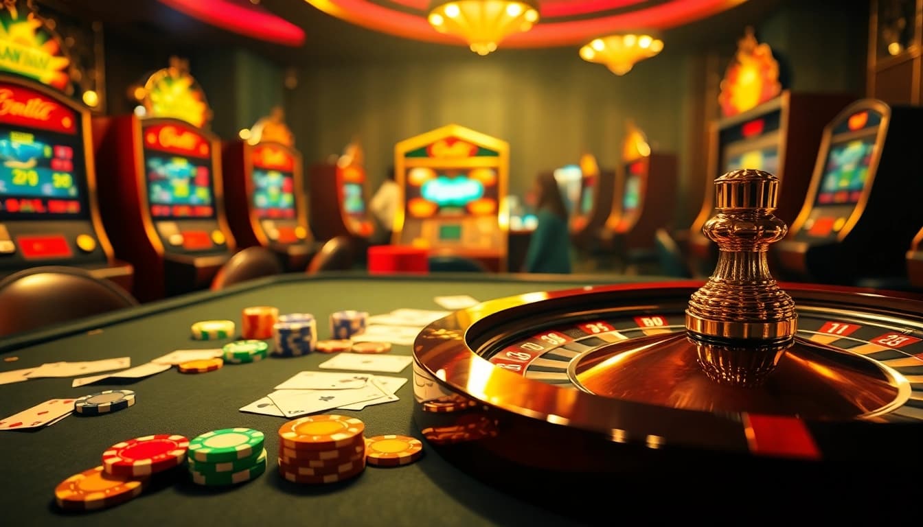Engage with an exciting sunwin casino scene featuring poker chips, cards, and a roulette wheel.