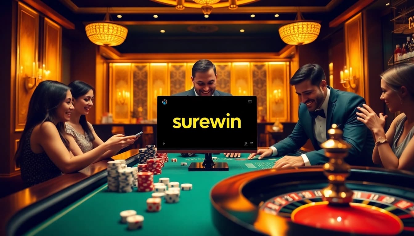 Engage in thrilling games with surewin at a luxurious casino, showcasing poker chips and roulette wheels.