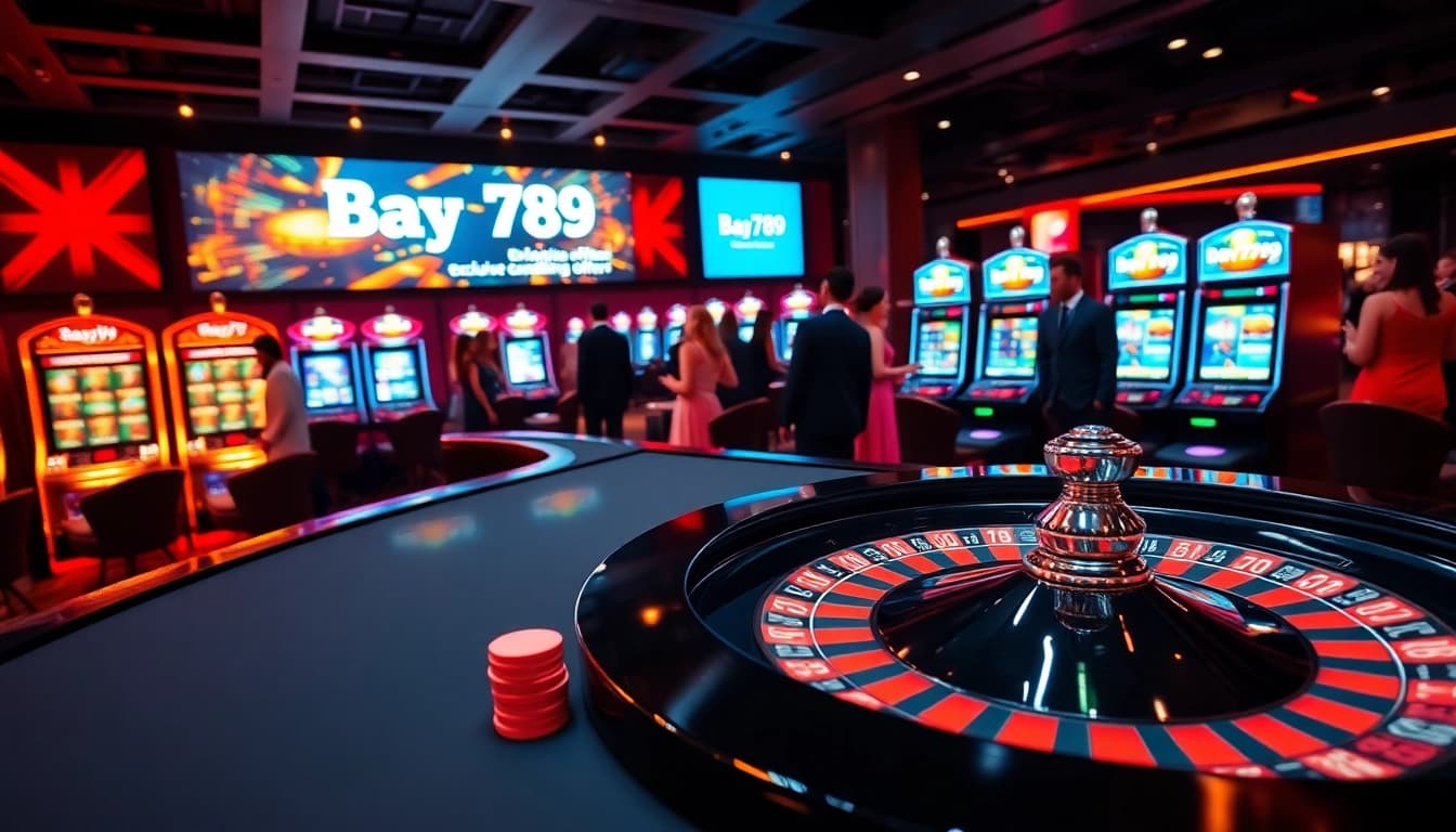 Bay789 players engaging in thrilling casino games at a luxurious table setting with vibrant lights.