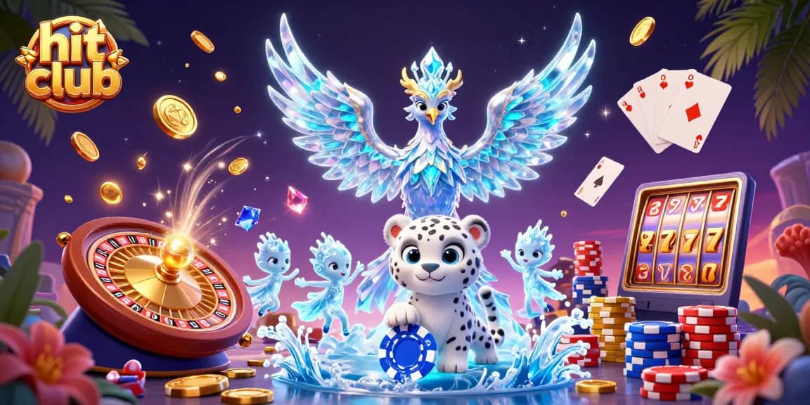 Experience the thrill with hit club's vibrant casino action featuring an ice phoenix, snow leopard cub, and sparkling jewels.