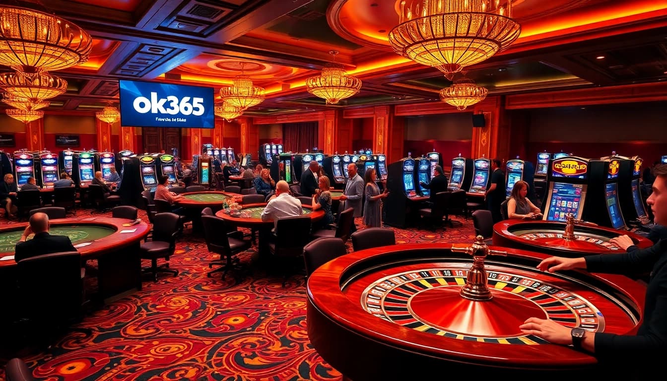 Players enjoying high-stakes games at ok365 casino, showcasing poker tables and vibrant slot machines.