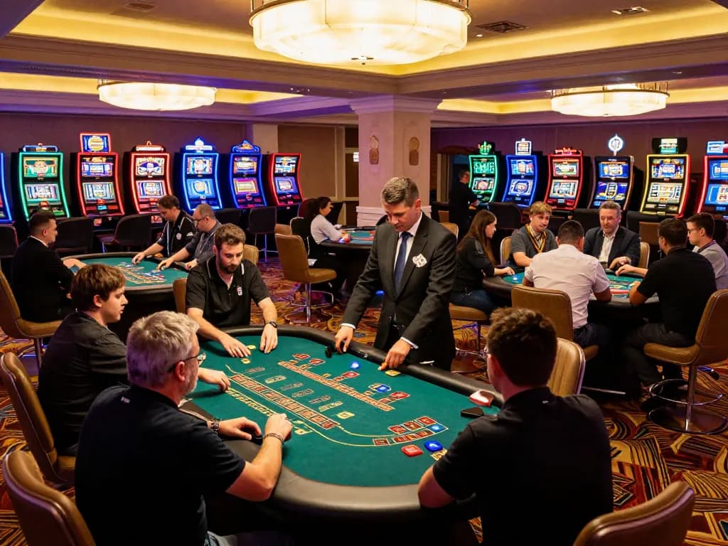 Players strategizing at a blackjack table in B52CLUB casino, vibrant atmosphere with dealers.