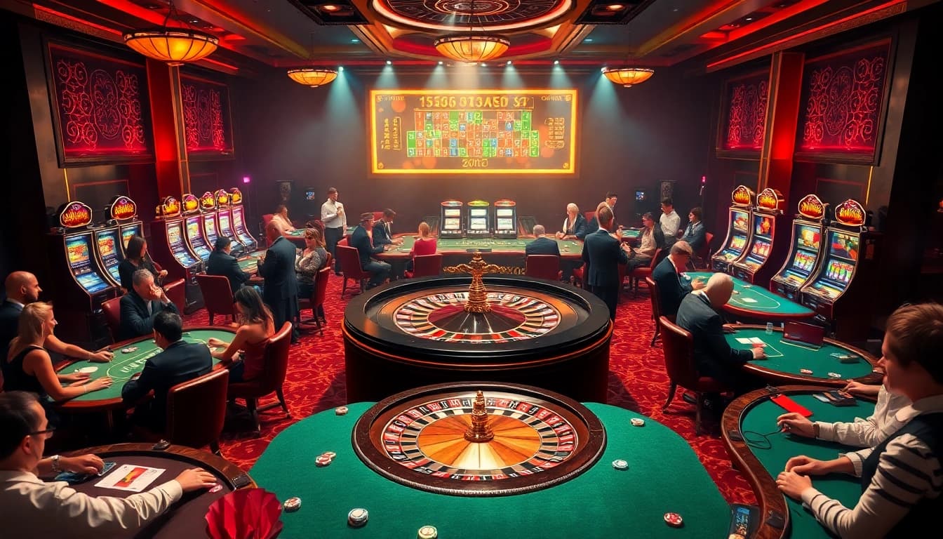 Exciting casino scene with f168-rich poker tables, roulette, and vibrant slot machines.