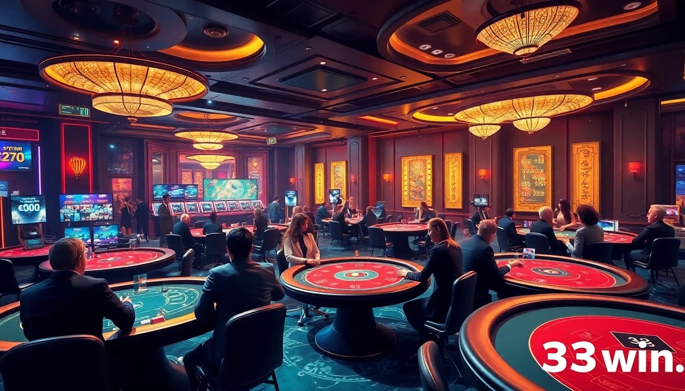 Exciting live casino atmosphere at https://33win.global/ showcasing professional players at baccarat tables with immersive digital elements.