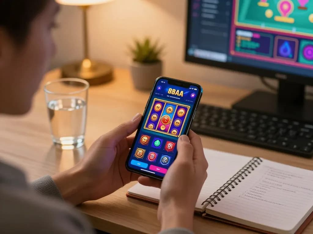 Player engaging with the 88AA casino app on smartphone while seated at a stylish home desk