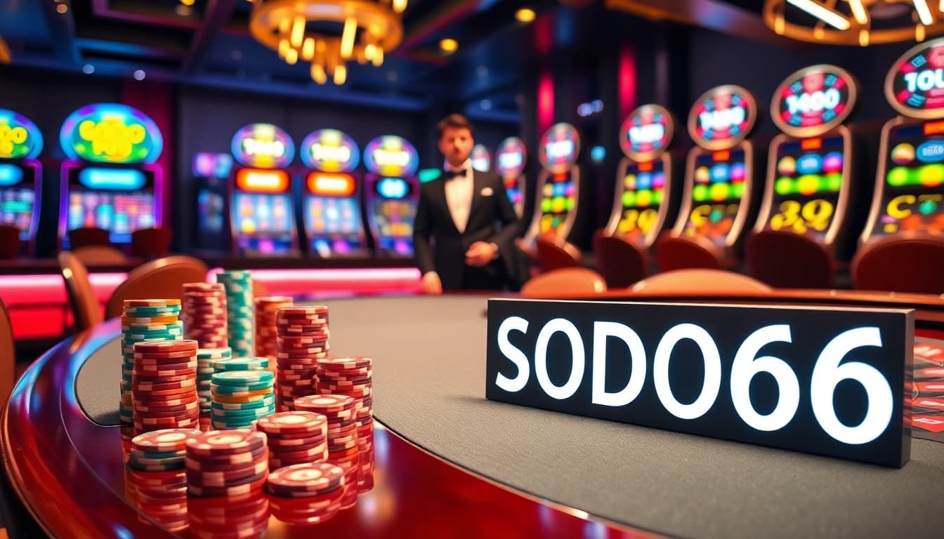 Exciting gaming experience at SODO66 casino with vibrant slot machines and a professional dealer.