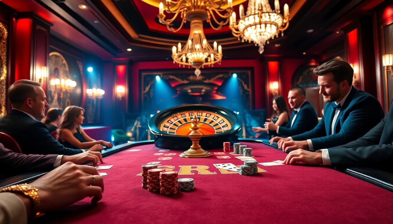 Experience the thrill of NK88 gaming with vibrant poker chips and a roulette wheel in an opulent casino setting.